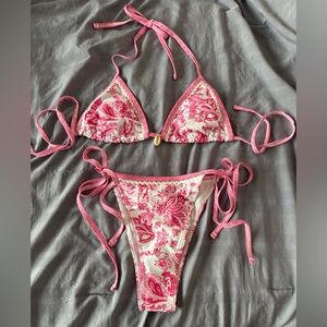 Women's Pink Floral Tie-Side Bikini Set